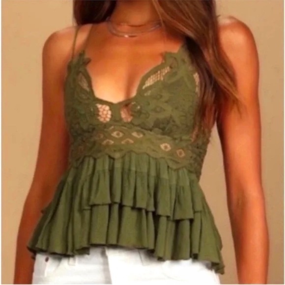 NWT Free People Adella Lace Ruffled Cami Top Olive Sparrow Size Medium - Picture 9 of 16